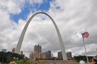 Gateway Arch and USA flag