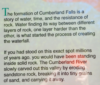 sign about the formation of Cumberland Falls