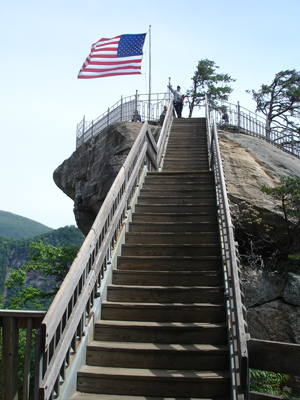 Karen Duquette at the top of the stairs