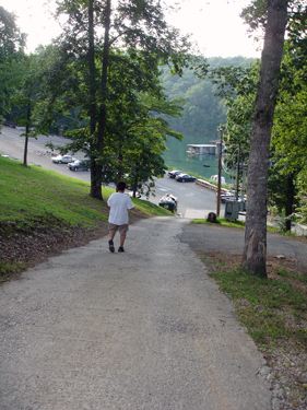 A steep hill leading down to Mountain Lake Marina