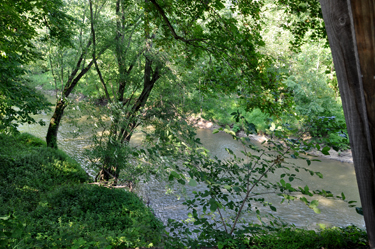 view from inside the Riverdale Road Covered Bridge