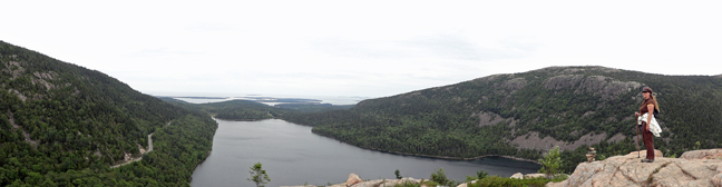 Karen Duquette admires the view of Jordan Pond