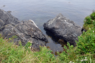 Looking down the cliff by the lighthouse at the cliffs, water, and rocks