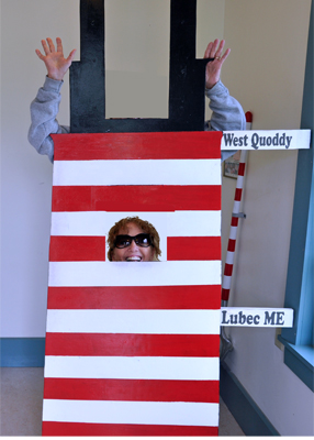 Karen Duquette inside a lighthouse replica