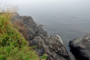 Looking down the cliff by the lighthouse at the cliffs, water, and rocks