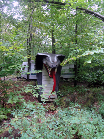 a giant snake at a campsite 