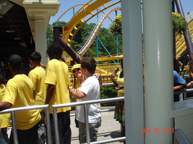 Karen Duquette and her grandson in line to ride The Georgia Scorcher at Six Flags