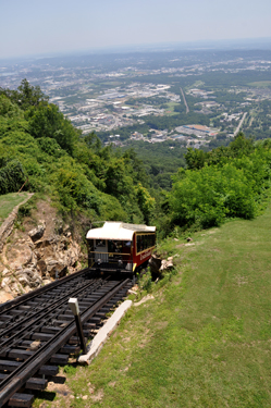 View of the cable car as it starts back down Lookout Mountain