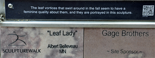 sign: Leaf Lady sculpture