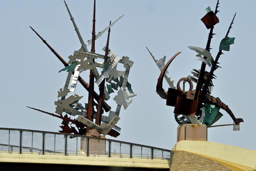 sculptures by a bridge on I-80 in Nebraska