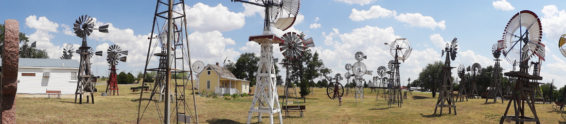 panorama of windmills at the Shattuck Windmill Museum