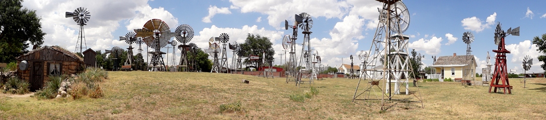 panorama of windmills at the Shattuck Windmill Museum