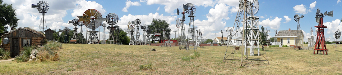 panorama of windmills at the Shattuck Windmill Museum