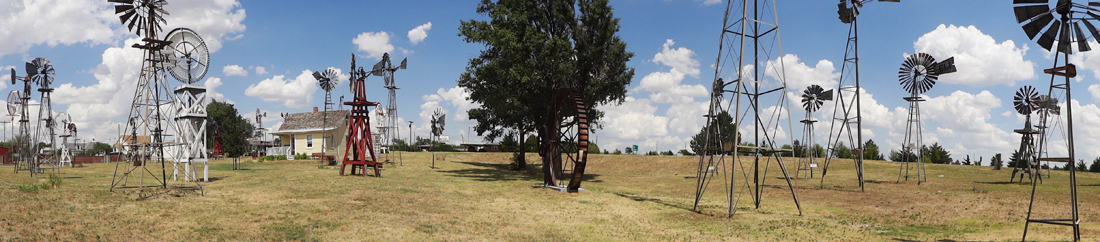 panorama of windmills at the Shattuck Windmill Museum