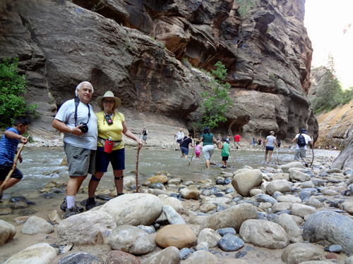 the Two RV Gypsies at the Virgin River at Zion National Park