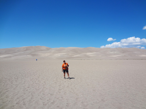 Karen Duquette approaching the sand dunes at Great Sand Dunes National Park