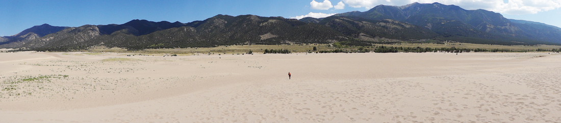 Karen Duquette approaching the sand dunes at Great Sand Dunes National Park