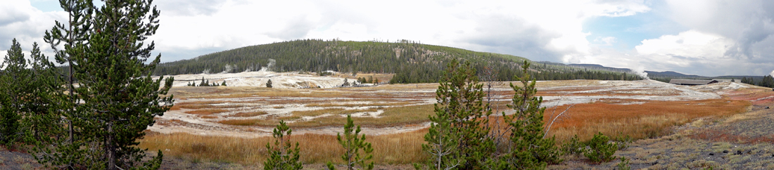 panorama of the Upper Geyser Basin