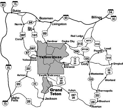 map showing roads to Yellowstone