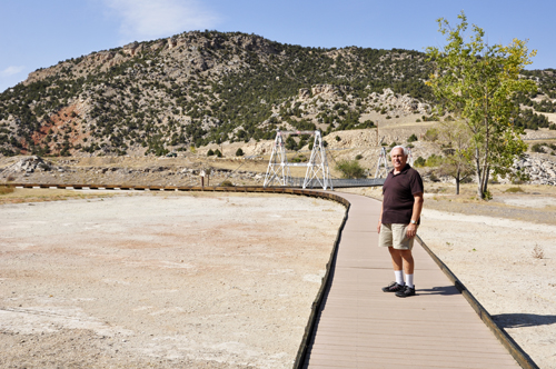 Lee Duquette on the boardwalk to the swinging bridge