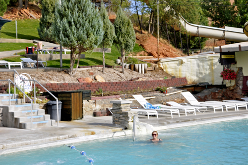 Karen Duquette in the outside mineral pool at Hot Springs