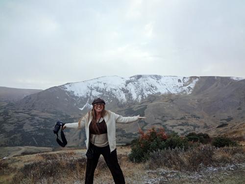 Karen Duquette on Old Fall River Road in 35 degree temperature