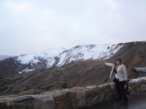 Karen Duquette in the snow Looking out over the ledge at the Alpine Visitor Center