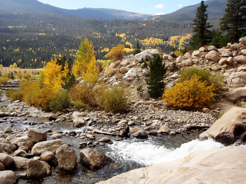 View from the bridge at the bottom of the waterfall, looking towards the mountain