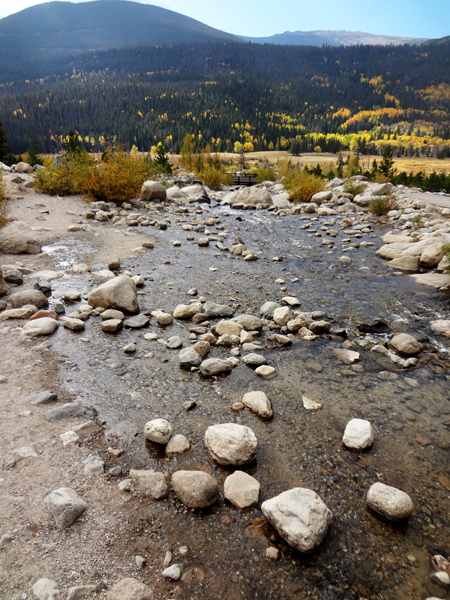 View from the bridge at the bottom of the waterfall, looking towards the mountain