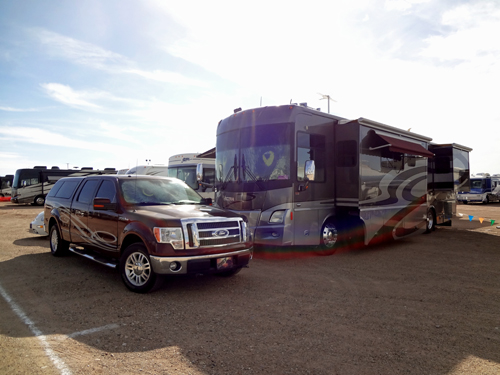 the RV and toad of the two RV Gypsies at the Balloon Fiesta