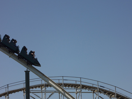 Karen Duquette on the Dragon roller coaster at Adventureland