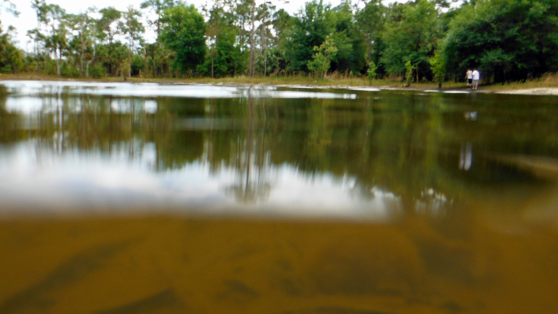 photo with camera lens half in the water and half above the water