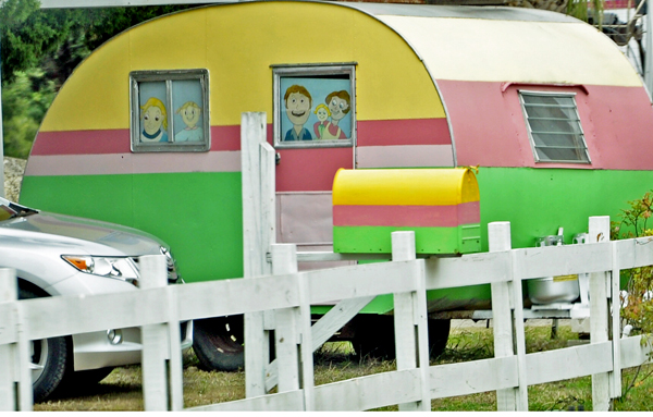 A brightly painted RV