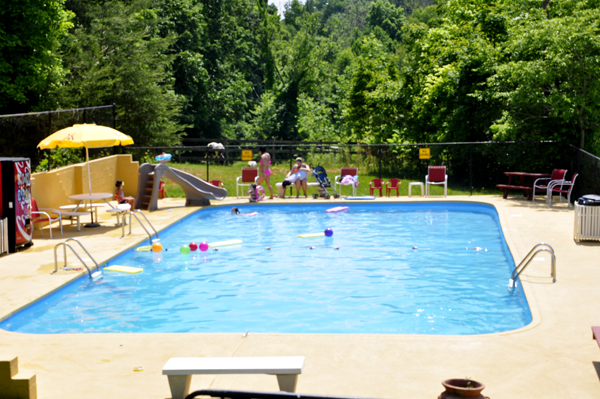 pool at cowgirl sign for the ladies room at the Bristol / Kingsport KOA 