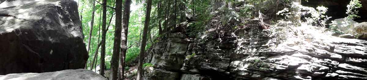 Panorama view of the cliff and boulders by Anglin Falls