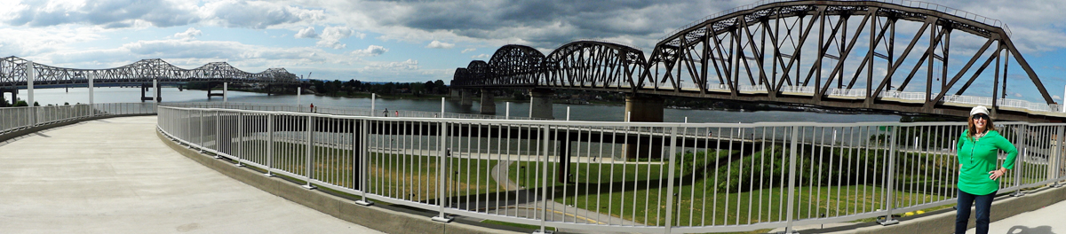 Karen Duquette on the pedestrian walkway to the Big Four Railroad Bridge