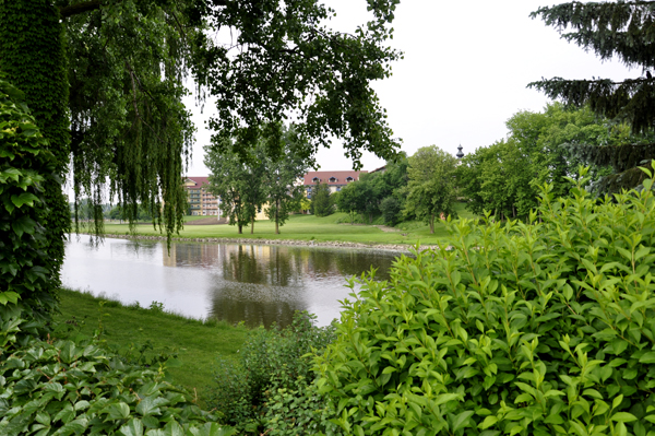 view by the Zehnder's Holz wooden bridge in Frankenmuth, Michigan