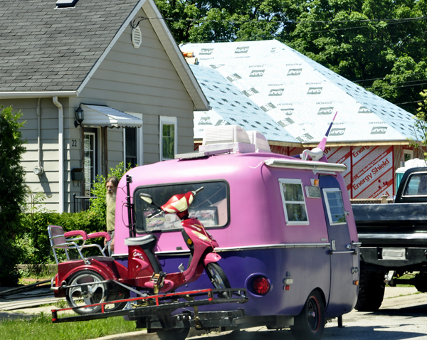 a cute pink and purple RV