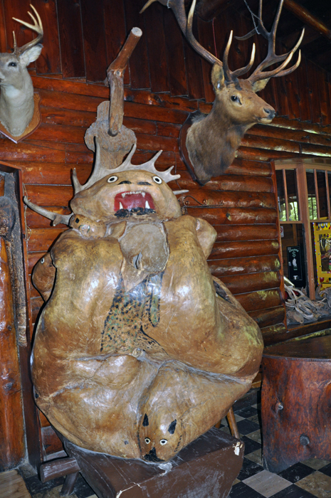 animal carvings inside Legs Inn in Cross Village