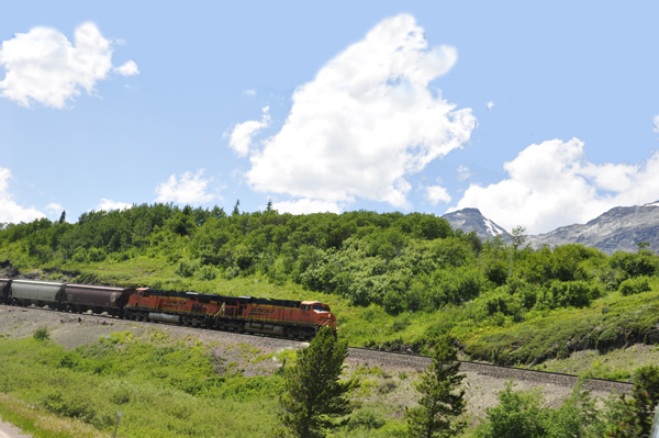 train and snow covered mountains