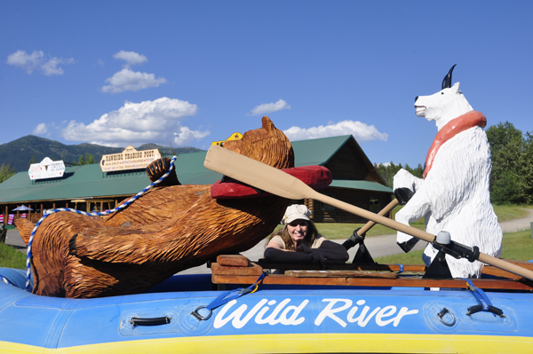 Karen Duquette, a bear and a goat in a raft 