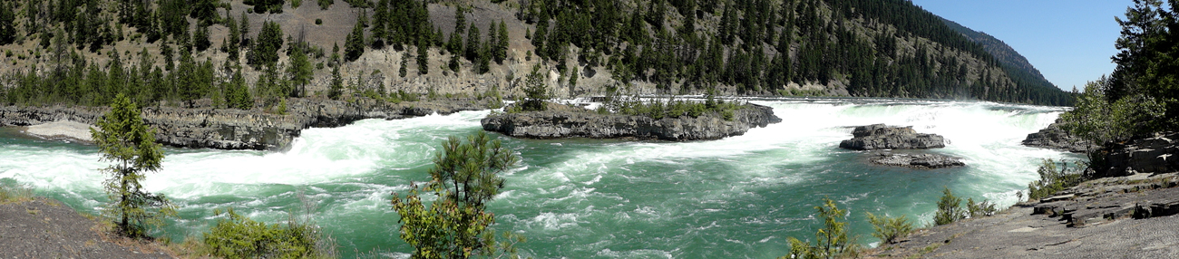 panorama of Kootenai Falls and the island