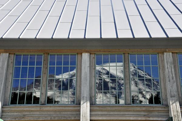 Mount Rainier's reflection in the window