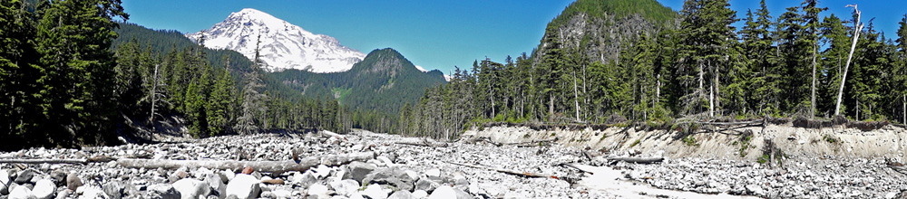 panorama of Mount Rainier as seen from Carter Falls trail