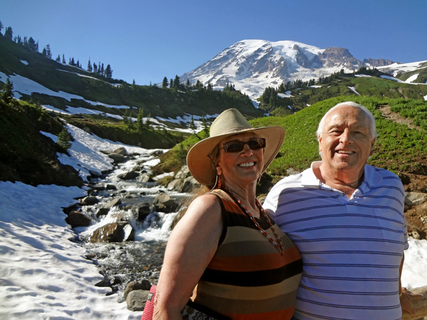 The two RV Gypsies on the bridge acrossб═the top of Myrtle Falls