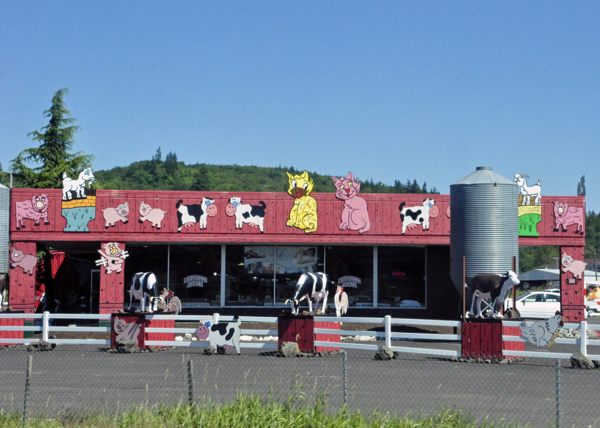 Cows and more outside of a bedding store