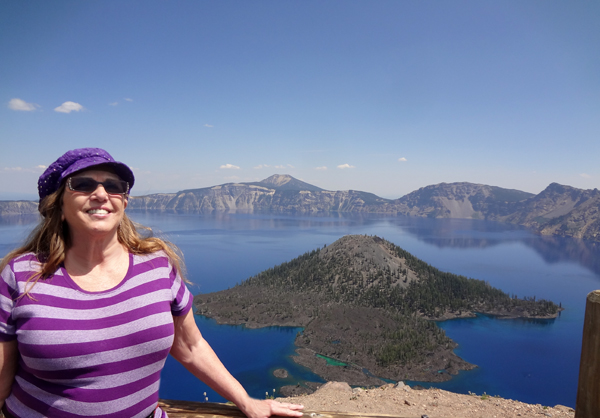 Karen Duquette in the foreground of Wizard Island