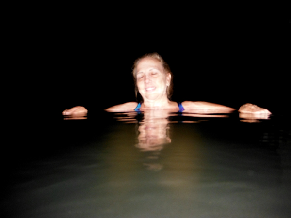 Karen Duquette at Crystal Crane Hot Springs at night