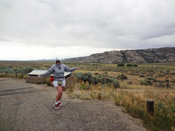 Karen Duquette put on her hooded sweatshirt because it was cool and windy at Devil's Gate
