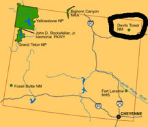 map of Wyoming showing location of Devils Tower
